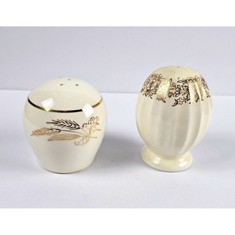 Vintage White Ceramic Floral Salt & Pepper Shakers Set Gold Trim Wheat Design